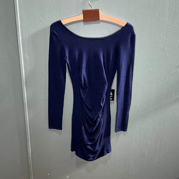 Express Navy Blue Long Sleeve Bodycon Dress Open Back Party Club NWT Size XS - Picture 2 of 8